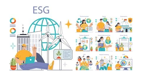 ESG set. Exploring Environmental, Social, Governance factors. Illustrazione stock