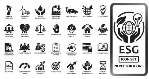 ESG solid icon set containing icons for carbon footprint, renewable energy,.. 스톡 일러스트