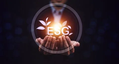 ESG visual screen on hand.ESG environmental social governance business strate Stock Photos