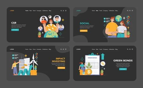 ESG web or landing dark or night mode web, landing set. Environmental Illustrazione stock