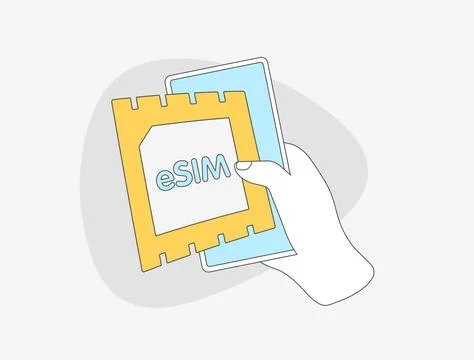 ESIM Card Technology Concept. Embedded SIM for electronic devices. Hand holding Stock Illustration