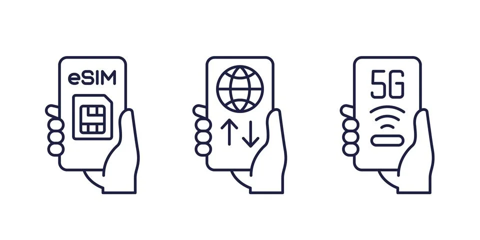 Esim, Data roaming and 5g line icons with a mobile phone Stock Illustration