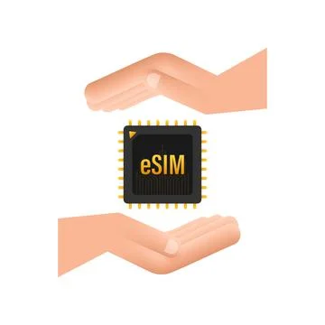 ESIM Embedded SIM card with hands icon symbol concept. new chip mobile cellular Stock Illustration