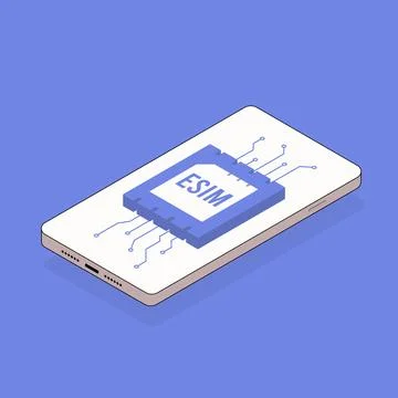 ESIM - Embedded SIM concept illustration. Isometric smartphone with esim card Stock Illustration