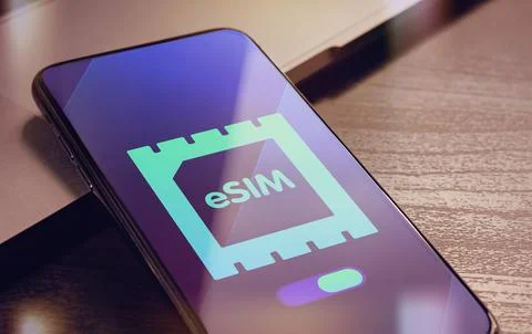 ESIM - Embedded SIM technology concept with smartphone very close lying on a Stock Illustration