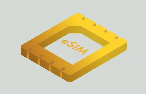 ESIM isometric yellow flat vector icon. Embedded-SIM chip sign card - mobile Stock Illustration