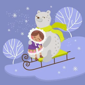 ESKIMO BEAR Flat Design Winter Girl Vector Illustration Set 스톡 일러스트