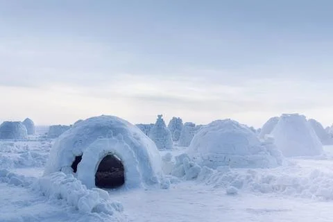 Eskimo home, igloo made of ice and snow. Lots of igloo built. snow winter pho 写真素材