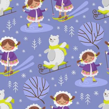 ESKIMO SKETCH Cartoon Seamless Pattern Vector Illustration Stock Illustration