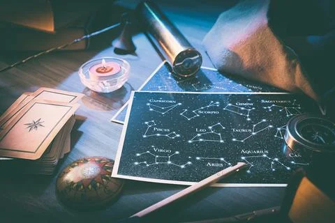 Esoteric background detail with map constellations and objects elevated view Stock Photos