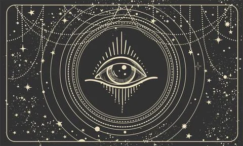 Esoteric banner with an all-seeing eye in a frame, black vector background for Stock Illustration