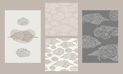 Esoteric clouds posters and seamless pattern vector set 库存插图