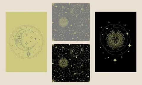 Esoteric cosmic elements posters and seamless pattern vector set Stock Illustration