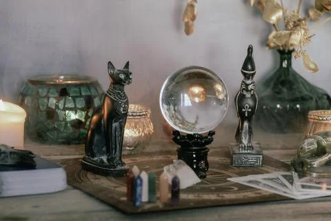 Esoteric Divination Setup with Tarot Cards and Crystal Ball. Stock Photos