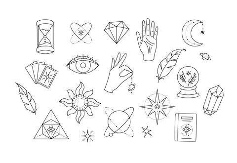 Esoteric elements collection. Magic icons minimalistic symbols, planets, hands Stock Illustration