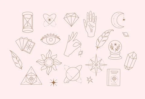 Esoteric elements collection. Magic icons minimalistic symbols, planets, hands Illustration
