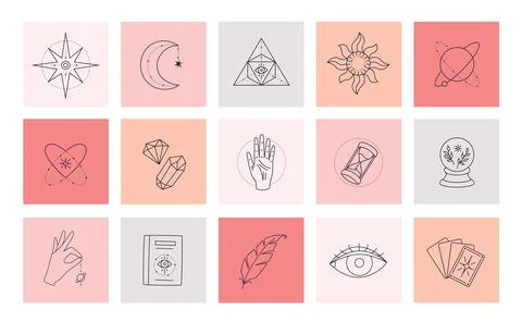Esoteric elements collection. Magic icons minimalist symbols, Hand drawn linear Stock Illustration