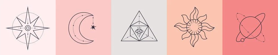 Esoteric elements collection. Magic icons minimalist symbols, Hand drawn linear Stock Illustration