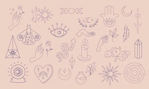 Esoteric elements collection. Magic icons minimalistic symbols, hands and c.. 스톡 일러스트