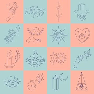 Esoteric elements collection. Magic icons minimalistic symbols, planets, ha.. Stock Illustration