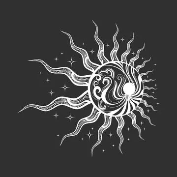 Esoteric Emblem of Sun Isolated on Black Stock Illustration