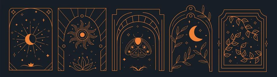 Esoteric flower arch, celestial frame. Magic mystic moth, boho floral gate,.. Stock Illustration