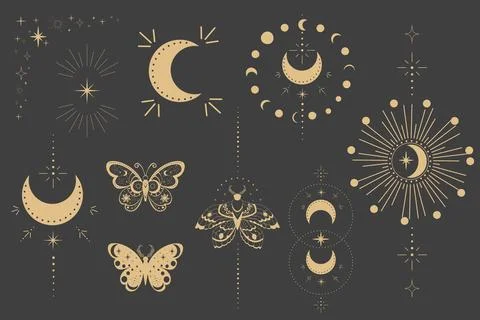 Esoteric frame tattoo gold line border magic sacred moon decoration cover Illustrazione stock
