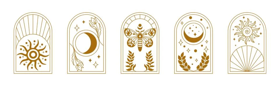 Esoteric frames. Flower arch, celestial magic gold moth and mystic pattern, b Stock Illustration