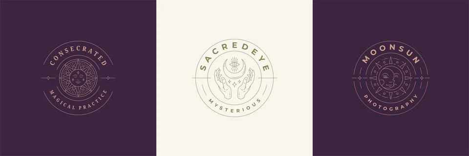 Esoteric logos emblems design templates set with mystic moon and magic sun .. Ilustração Stock