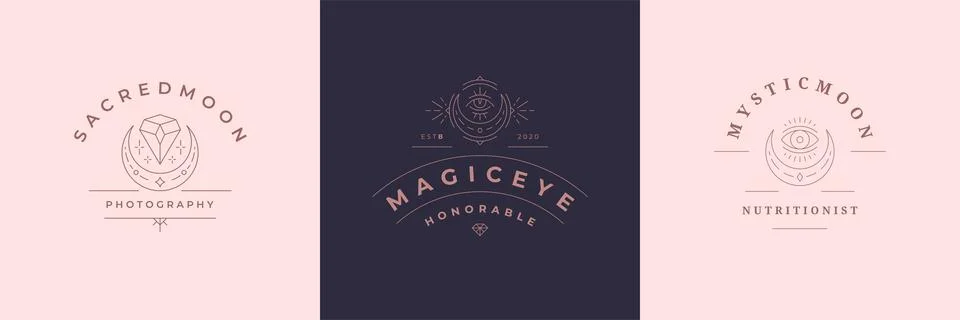 Esoteric logos emblems design templates set with mystic moon and magic eye .. Ilustração Stock
