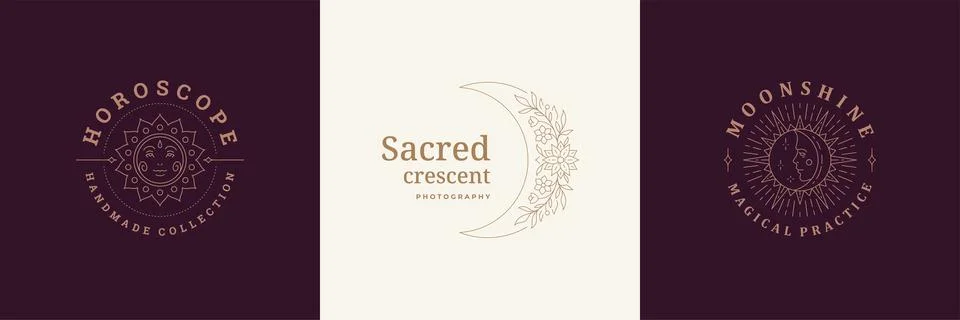 Esoteric logos emblems design templates set with mystic moon and magic sun ve Ilustração Stock