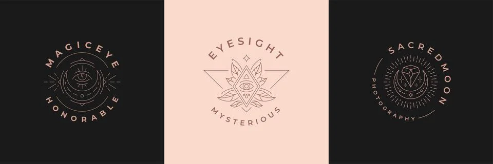 Esoteric logos emblems design templates set with magic eyes and eyelashes vec Stock Illustration
