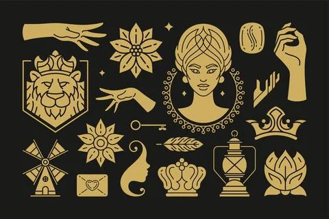 Esoteric magic and witch vector design elements set with female hands gesture Stock Illustration