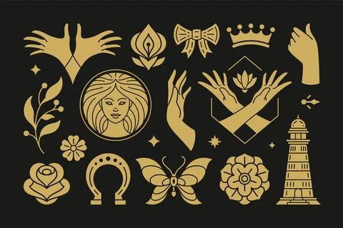 Esoteric magic and witch vector design elements set with female hands gesture Stock Illustration