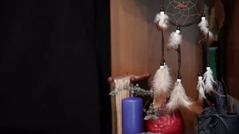 Esoteric objects on a wooden shelf. Occult, divination and wicca concept. Stock Footage 108008871