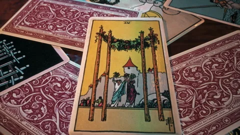 Esoteric ritual forecasting the future harmony using Four of Wands tarot card Stock Footage 250781902