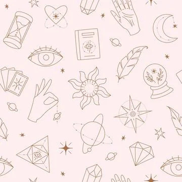 Esoteric seamless pattern. Magic icons minimalistic symbols, planets, hands and Illustration