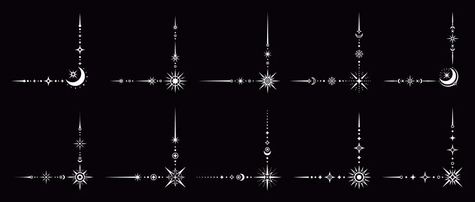 Esoteric silver celestial border corner vector set Stock Illustration