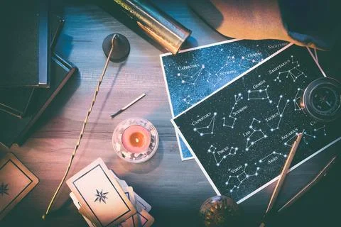 Esoteric study and prediction with maps, cards and vintage objects Stock Photos