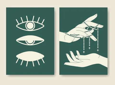 Esoteric style magic eye and witch hands poster set. Stock Illustration