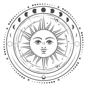 Esoteric Symbol of Sun with Phases of Moon and Planents Illustration Stock Illustration
