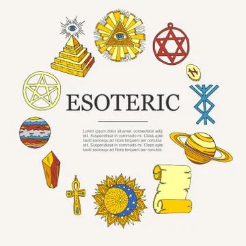 Esoteric symbols and occult objects poster, vector illustration. Cartoon esotery Stockillustratie