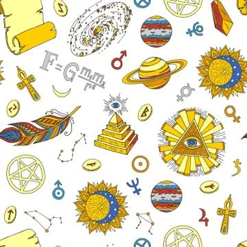 Esoteric symbols and occult objects seamless vector pattern. Cartoon esotery Stock Illustration