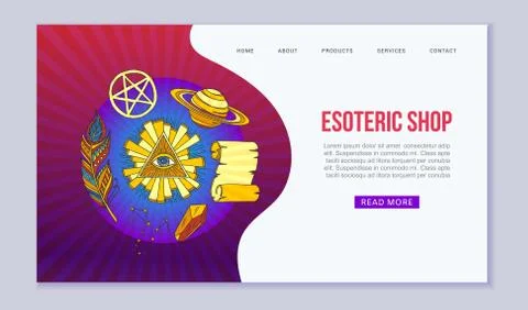 Esoteric symbols and occult objects web vector template. Cartoon esotery Illustrazione stock