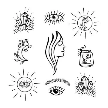 Esoteric symbols hand drawn set. Vector doodles eye, moon, sun, womans profile Stock Illustration