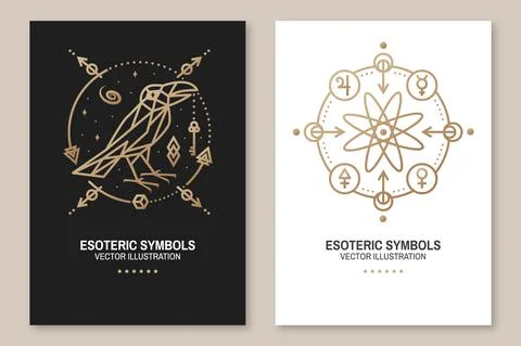 Esoteric symbols poster, flyer. Vector. Thin line geometric badge. Outline icon Ilustração Stock