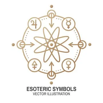 Esoteric symbols. Vector. Thin line geometric badge. Outline icon for alchemy or Ilustração Stock