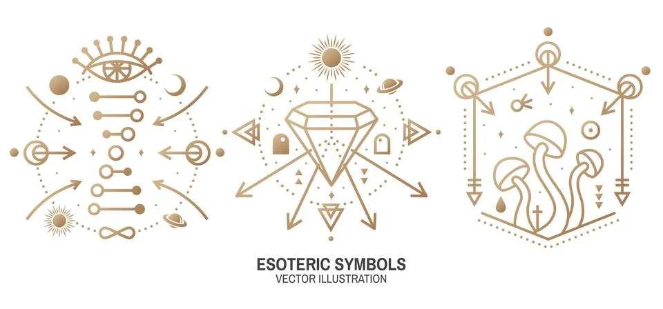 Esoteric symbols. Vector. Thin line geometric badge. Outline icon for alchemy or Stock Illustration