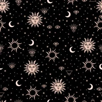 Esoteric vector seamless pattern sun moon and stars Illustrazione stock