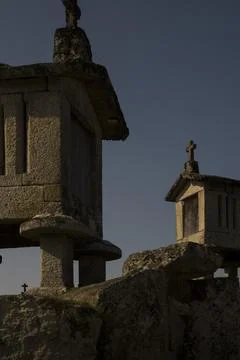 Espigueiros at sunset Stock Photos